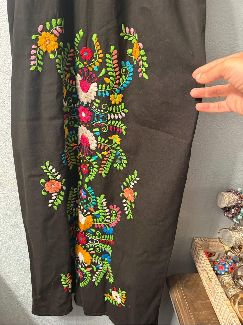 MEXICANA Black Maxi Dress with Bright Floral Embroidery NWOT - Picture 2 of 4